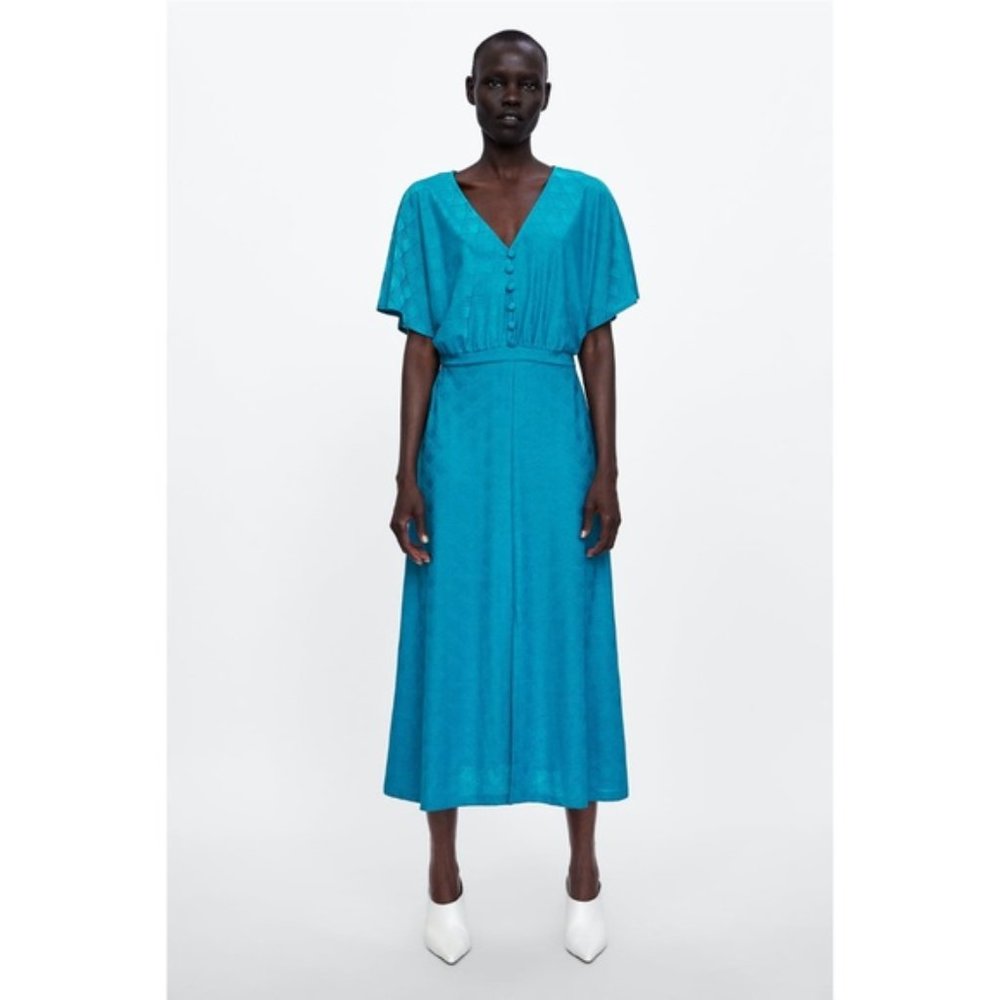 Zara turquoise jacquard midi dress